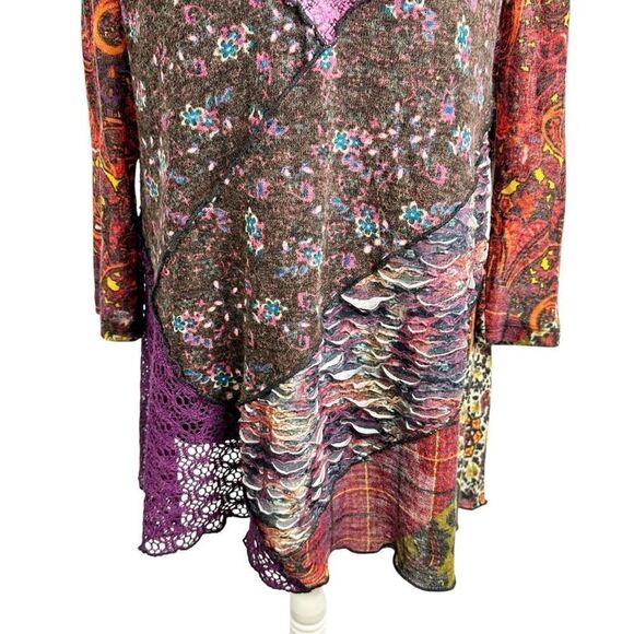 Ali Miles Multi Print & Fabric Tunic Top Art to Wear Layered Sweater Boho Size L - Picture 4 of 10